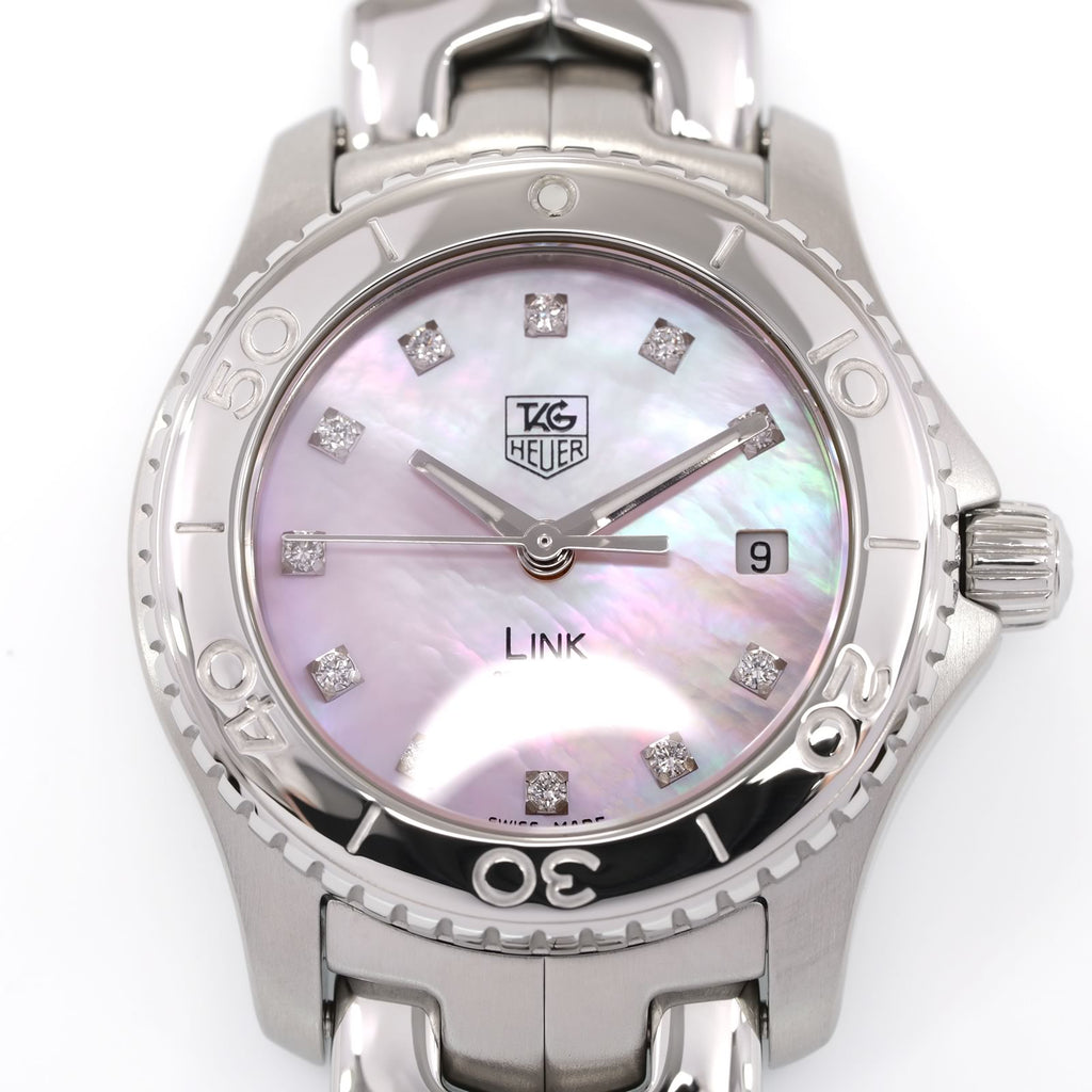 TAG Heuer Link WJ131C-1 Iridescent Pink Mother of Pearl dial close up with diamonds