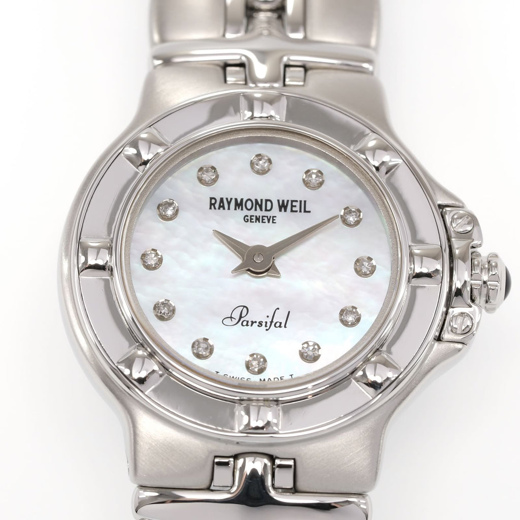 Raymond Weil Parsifal 9691 Iridescent Mother of Pearl dial close up with diamond markers