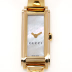 Gucci G-Line 109 White Iridescent Rectangular Mother of Pearl Dial close up