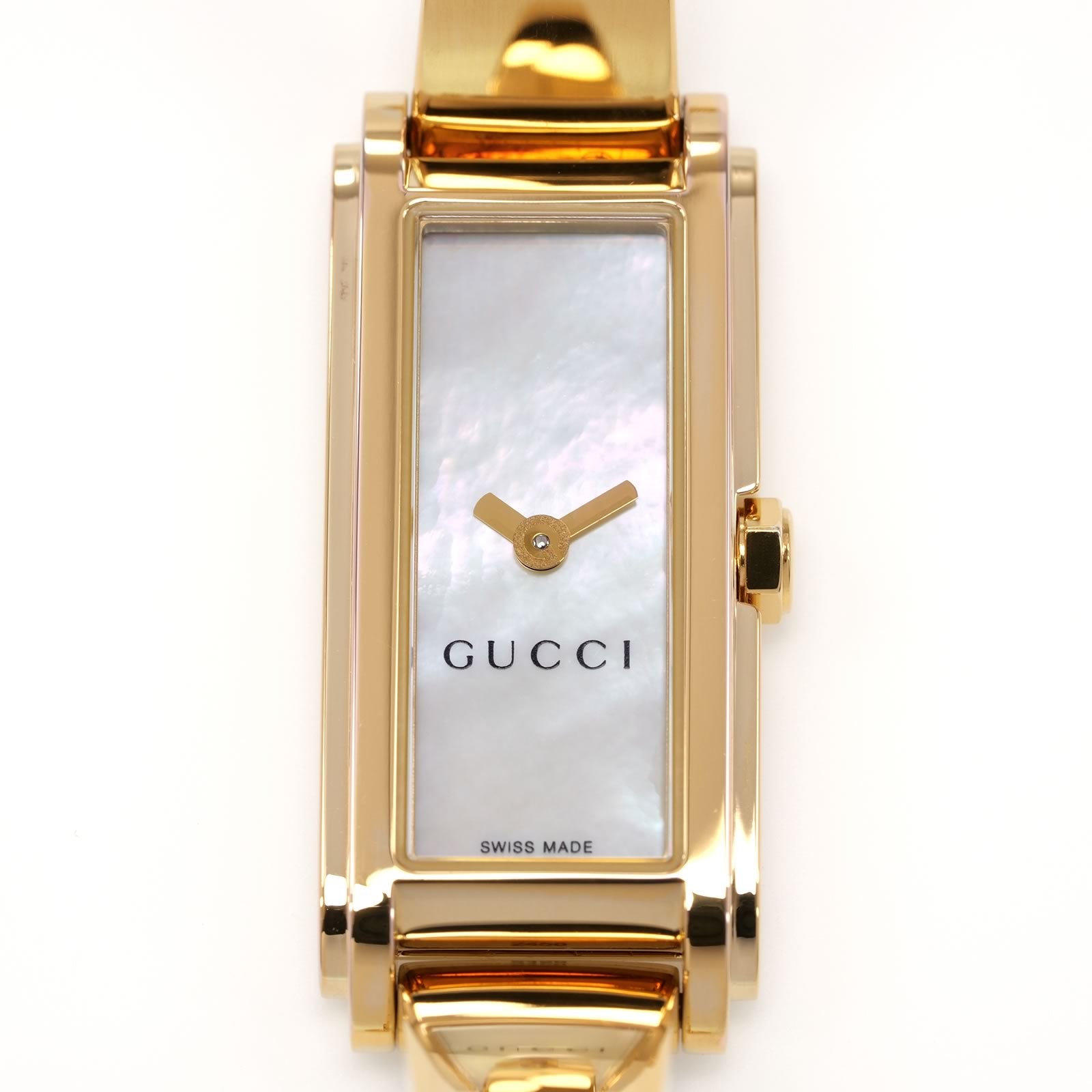Gucci G-Line 109 White Iridescent Rectangular Mother of Pearl Dial close up