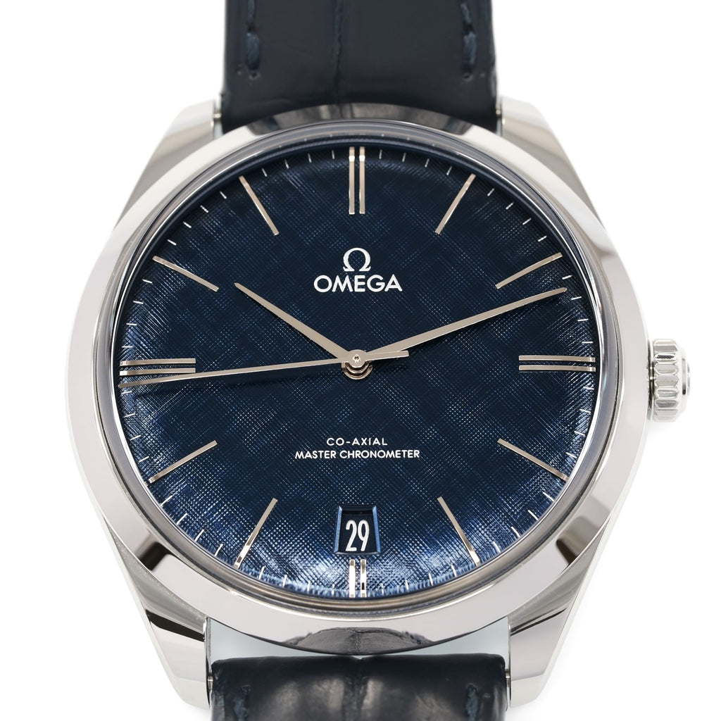 Omega De Ville Trésor 435.13.40.21.03.001 blue woven patterned dial with 18k white gold hands and hour markers