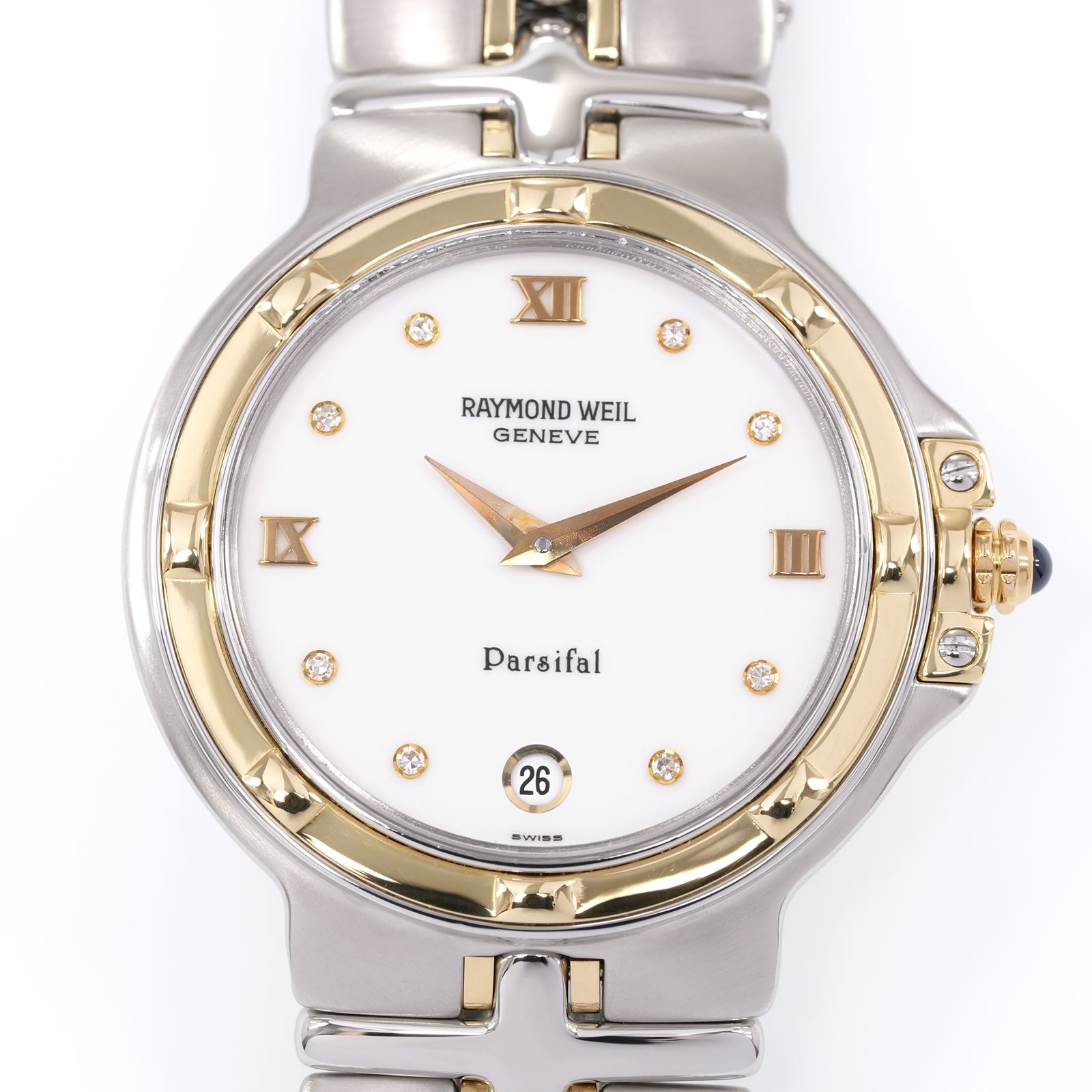 Raymond Weil Parsifal 9190 White Dial 8 Diamonds & Roman Numerals close up