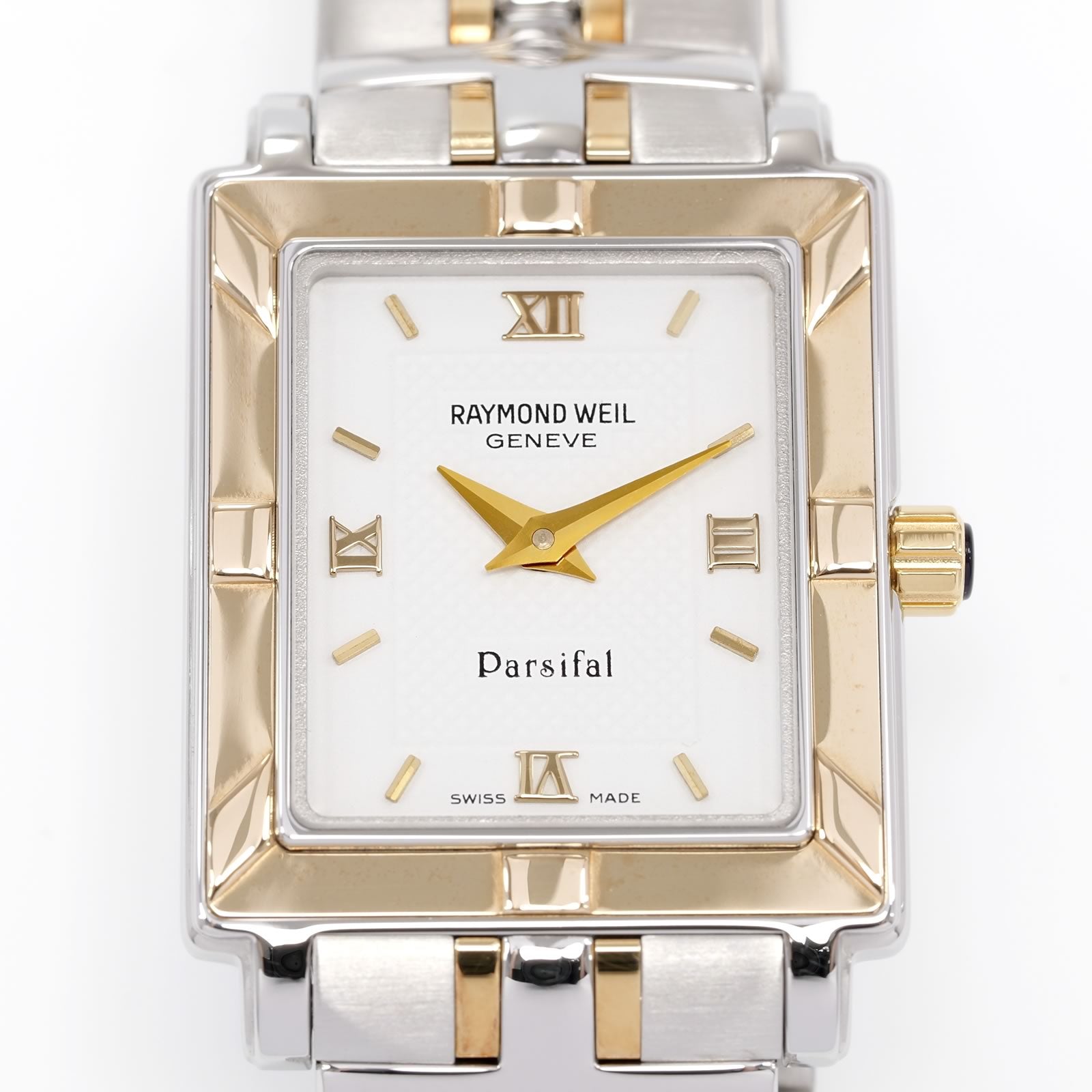 Raymond Weil Parsifal 9730 White Rectangular Quarter Roman Dial close up