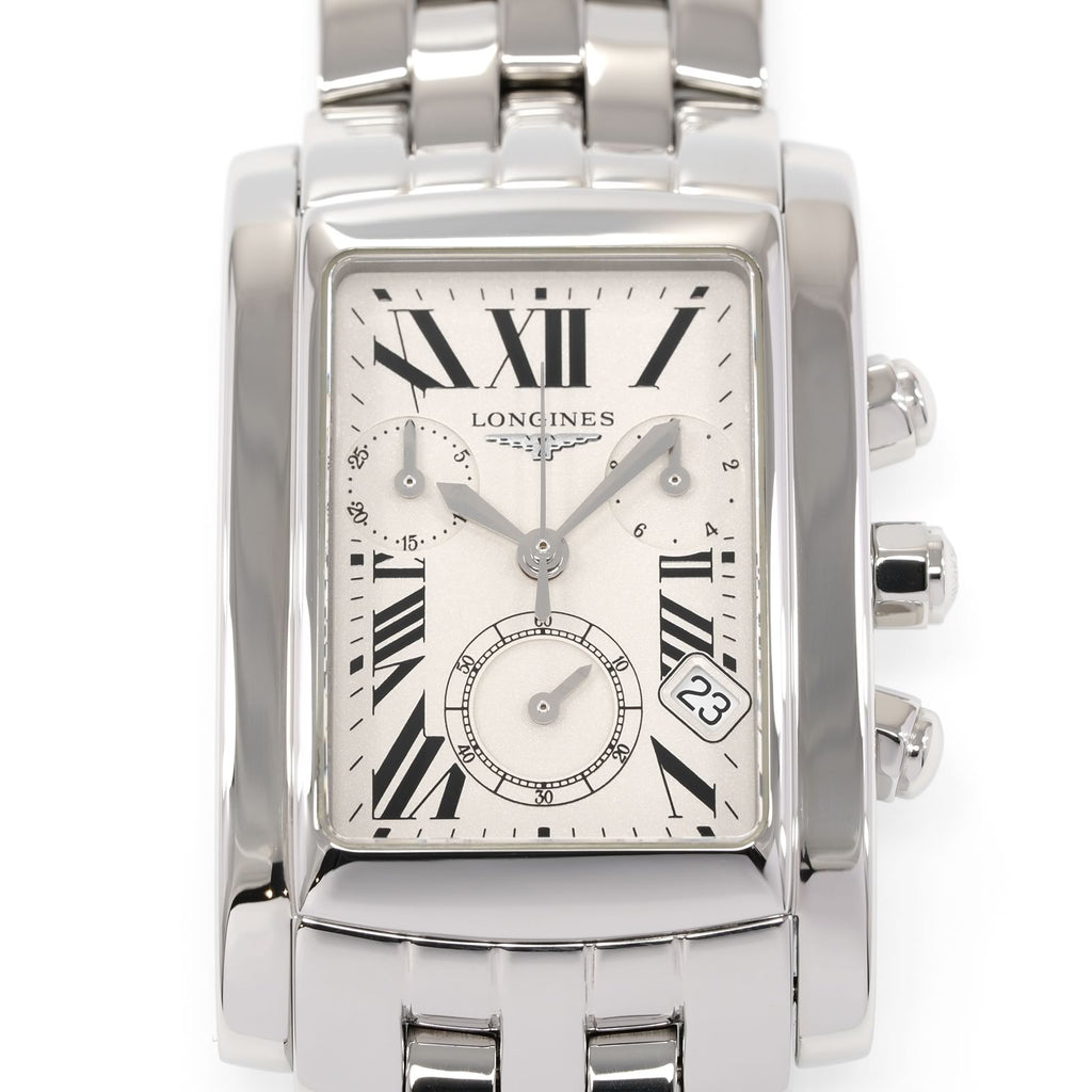 Longines DolceVita L5.656.4 silver dial with black roman numeral markers close up