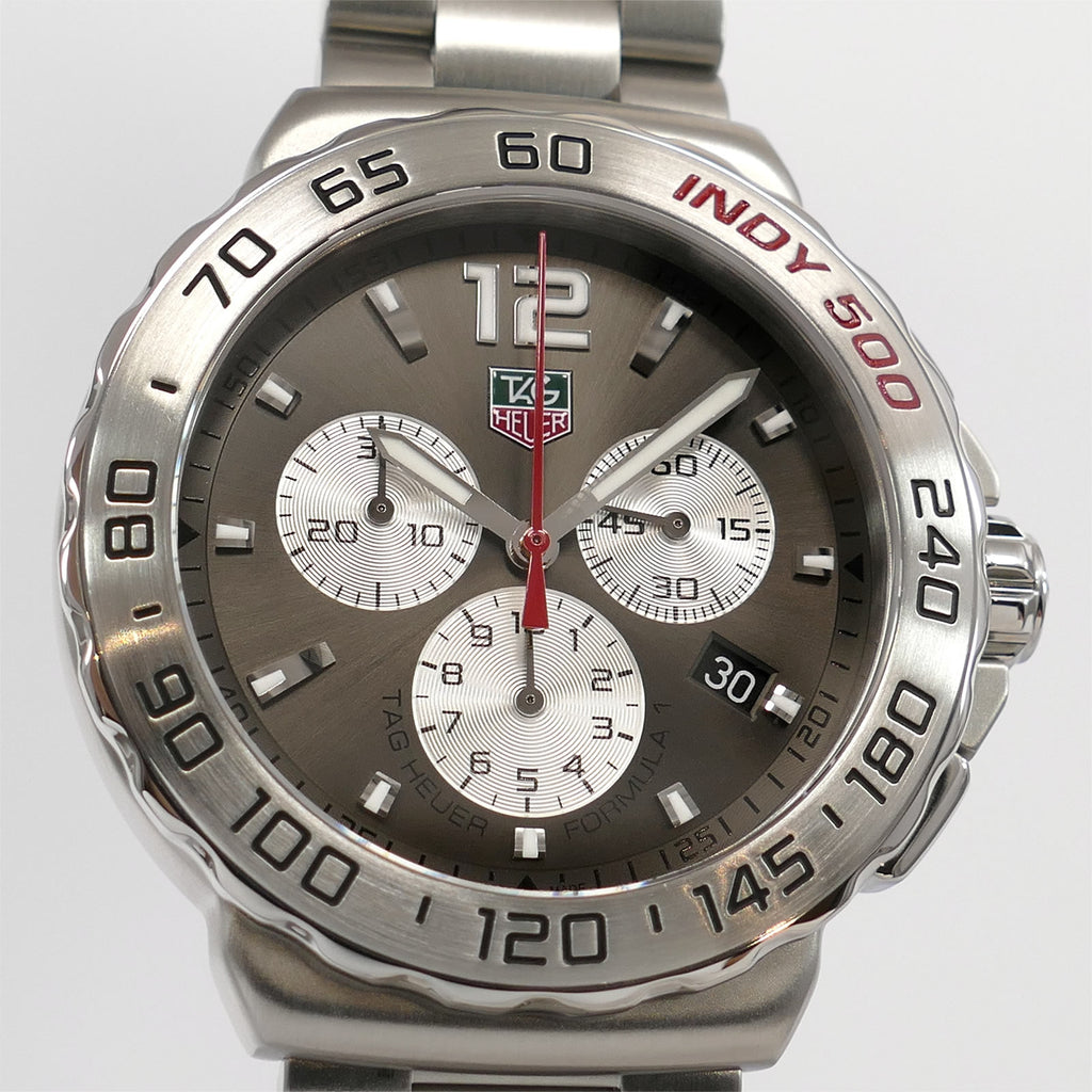 TAG Heuer Formula 1 Indy 500 Chronograph CAU1113 Grey Dial close up