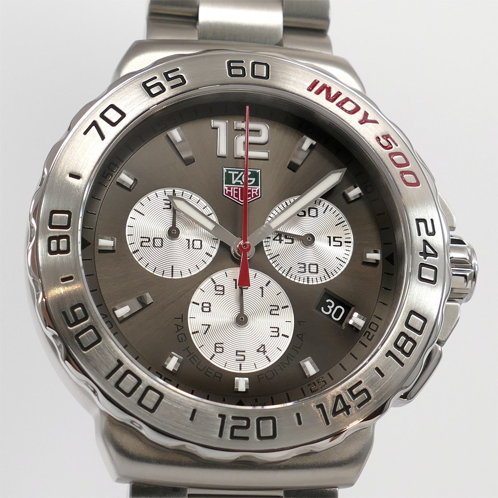 TAG Heuer Formula 1 Indy 500 Chronograph CAU1113 Grey Dial close up
