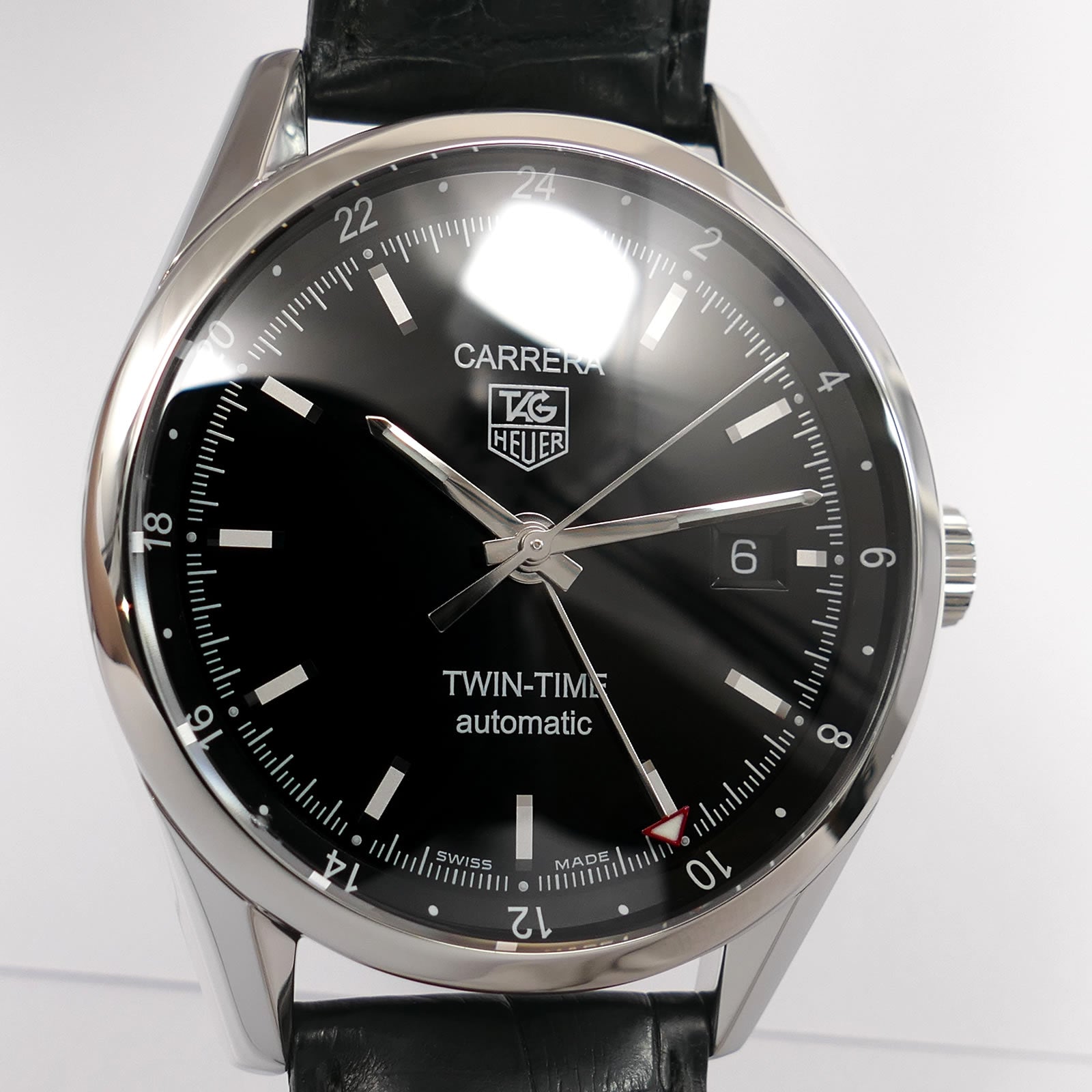 TAG Heuer Carrera WV2115 Twin-Time Black Dial close up