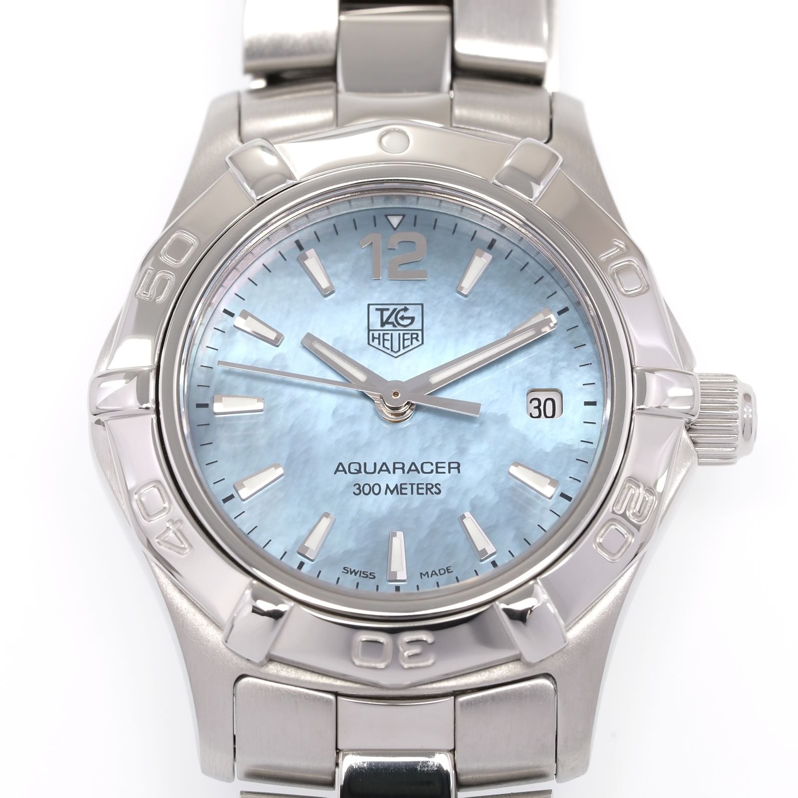 TAG Heuer Aquaracer WAF1417 Iridescent Blue Mother of Pearl Dial close up