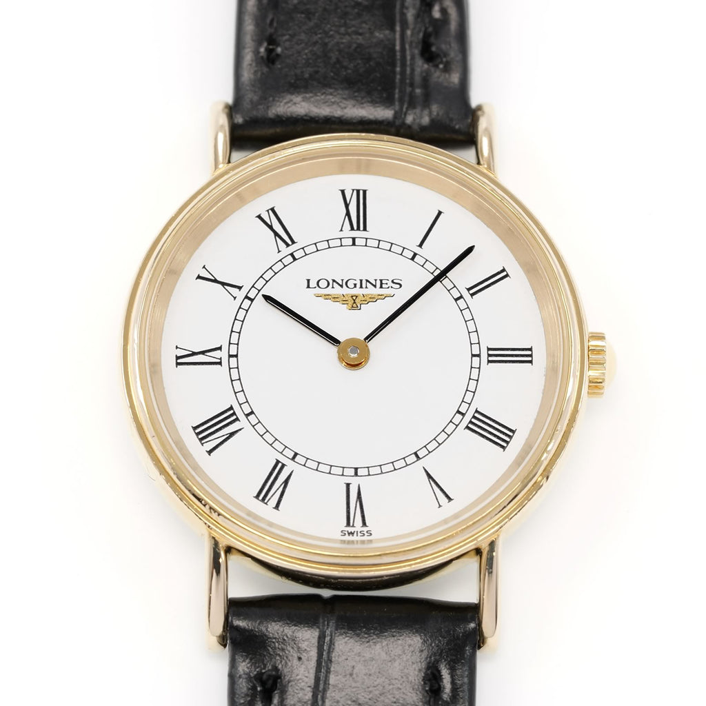 Longines Présence L4.137.2 White Roman Numeral Dial close up