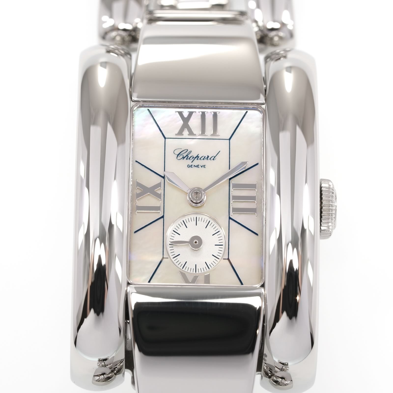 Chopard La Strada 41/8380 White Mother of Pearl Rectangular Quarter Roman Numeral dial close up with seconds sub dial