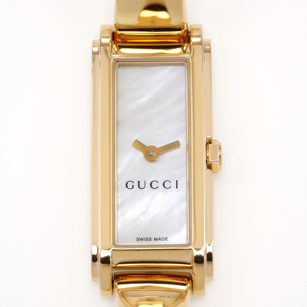 Gucci G-Line 109 Rectangular White Mother of Pearl Dial close up