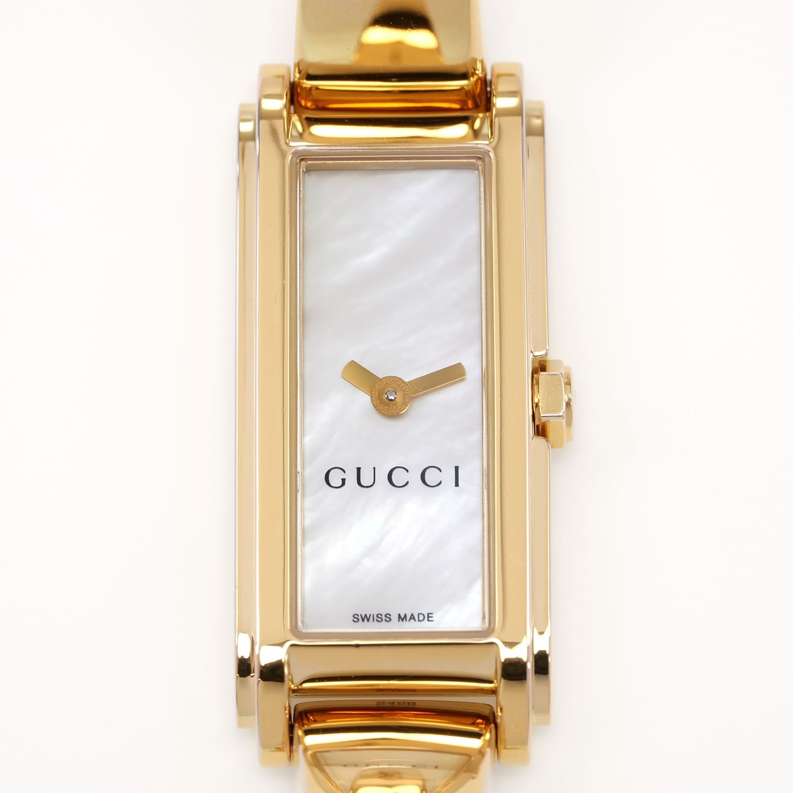 Gucci G-Line 109 Rectangular White Mother of Pearl Dial close up