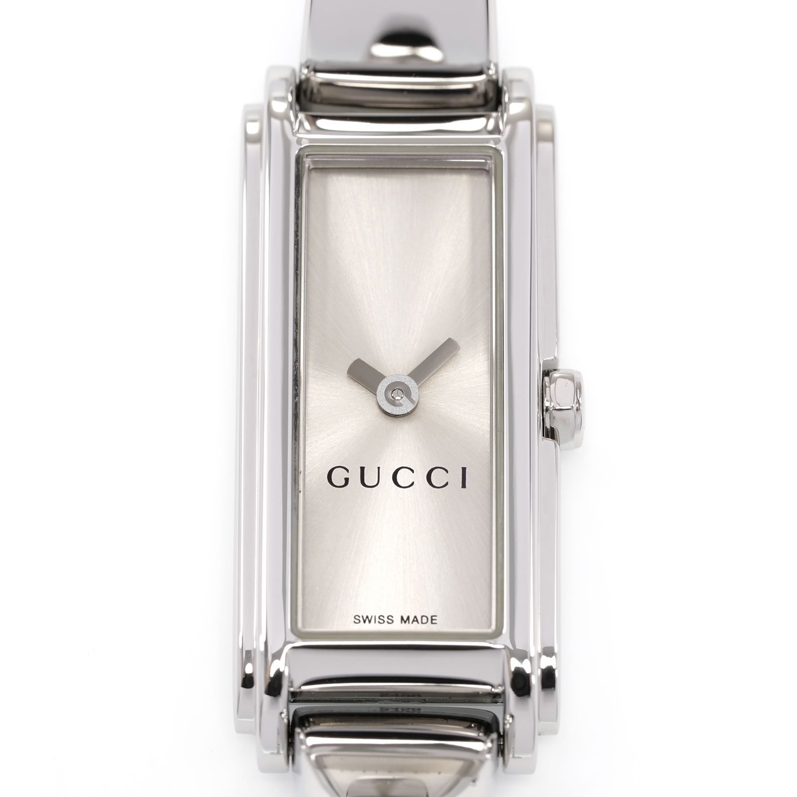 Gucci G-Line 109 Silver Rectangular Sunburst dial close up