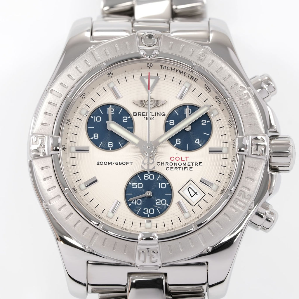 Breitling Colt Chrono A73380 Silver / Blue concentric dial close up