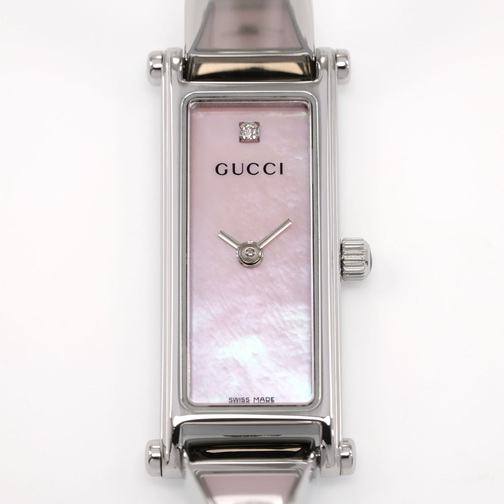 Gucci 1500L Ladies 12mm Pink Mother of Pearl 1 Diamond Rectangular dial close up