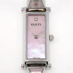 Gucci 1500L Ladies 12mm Pink Mother of Pearl 1 Diamond Rectangular dial close up