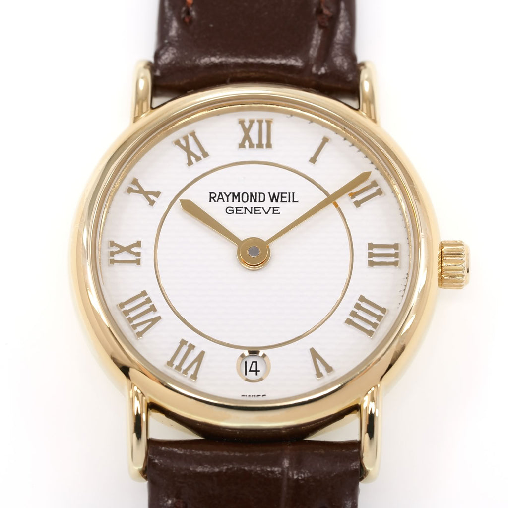 Raymond Weil Geneve 9923 White Guilloche Roman Numeral Dial close up