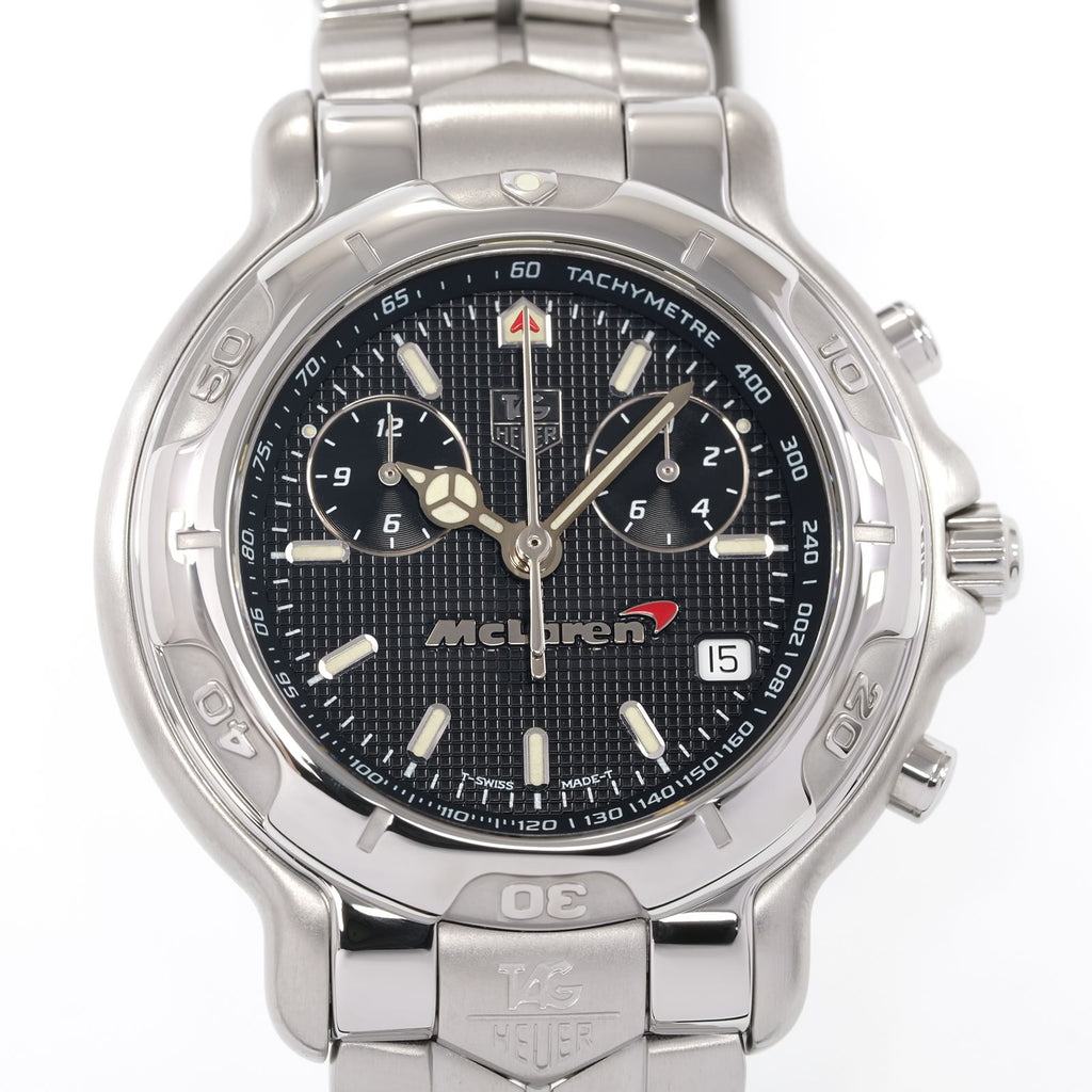 TAG Heuer 6000 Chronograph CH1117 Black tapisserie dial close up