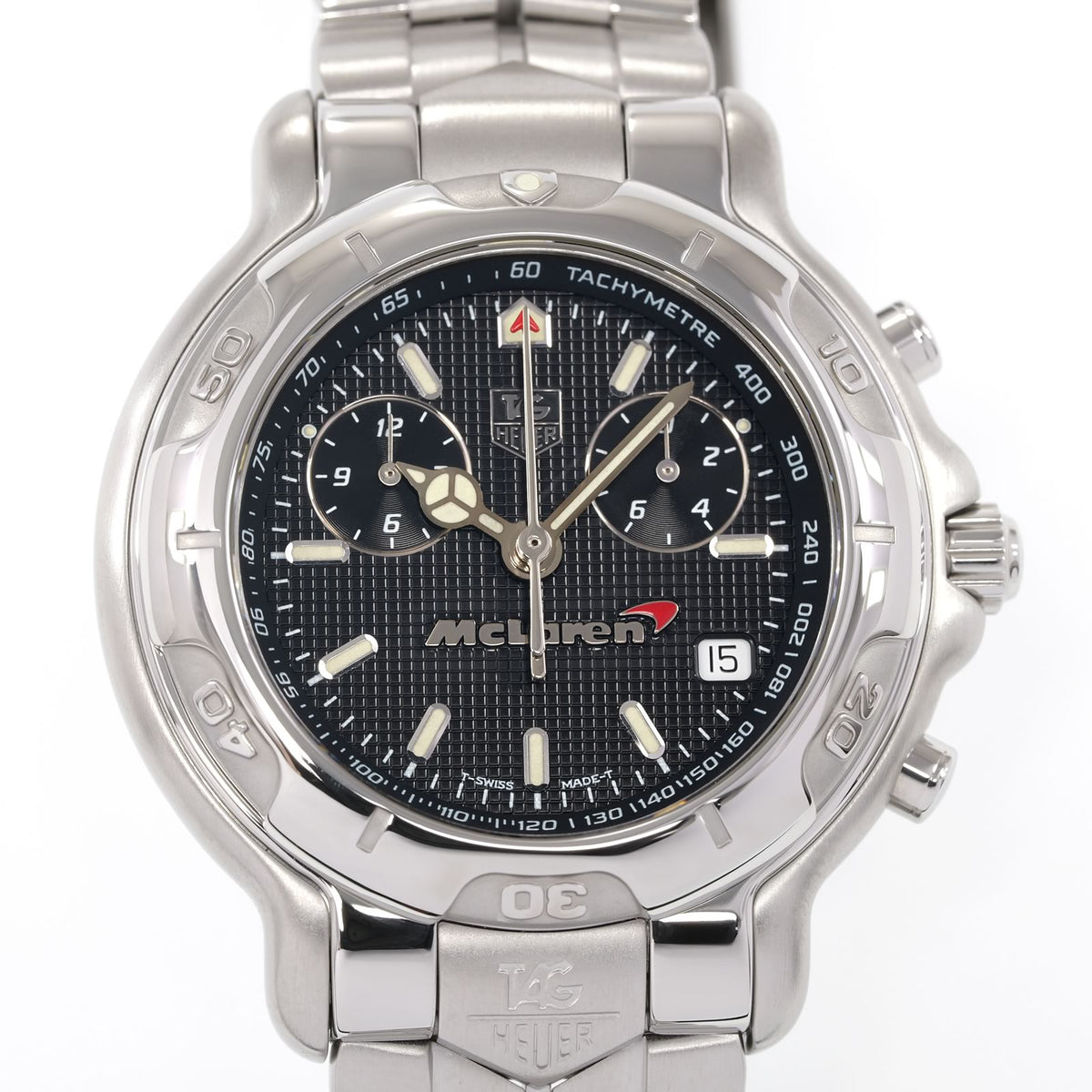 TAG Heuer 6000 Chronograph CH1117 Black tapisserie dial close up