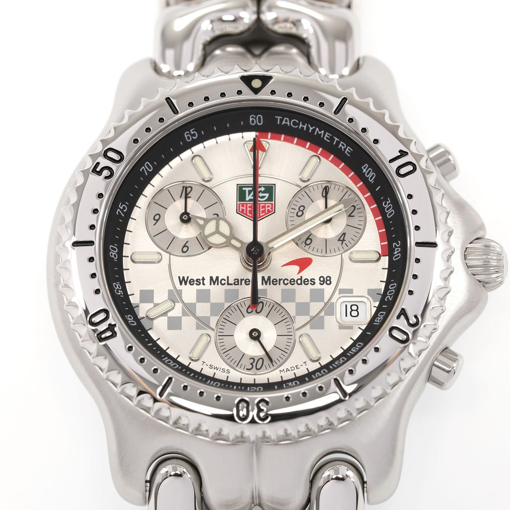 TAG Heuer SEL CG1117 West McLaren silver chequered dial close up