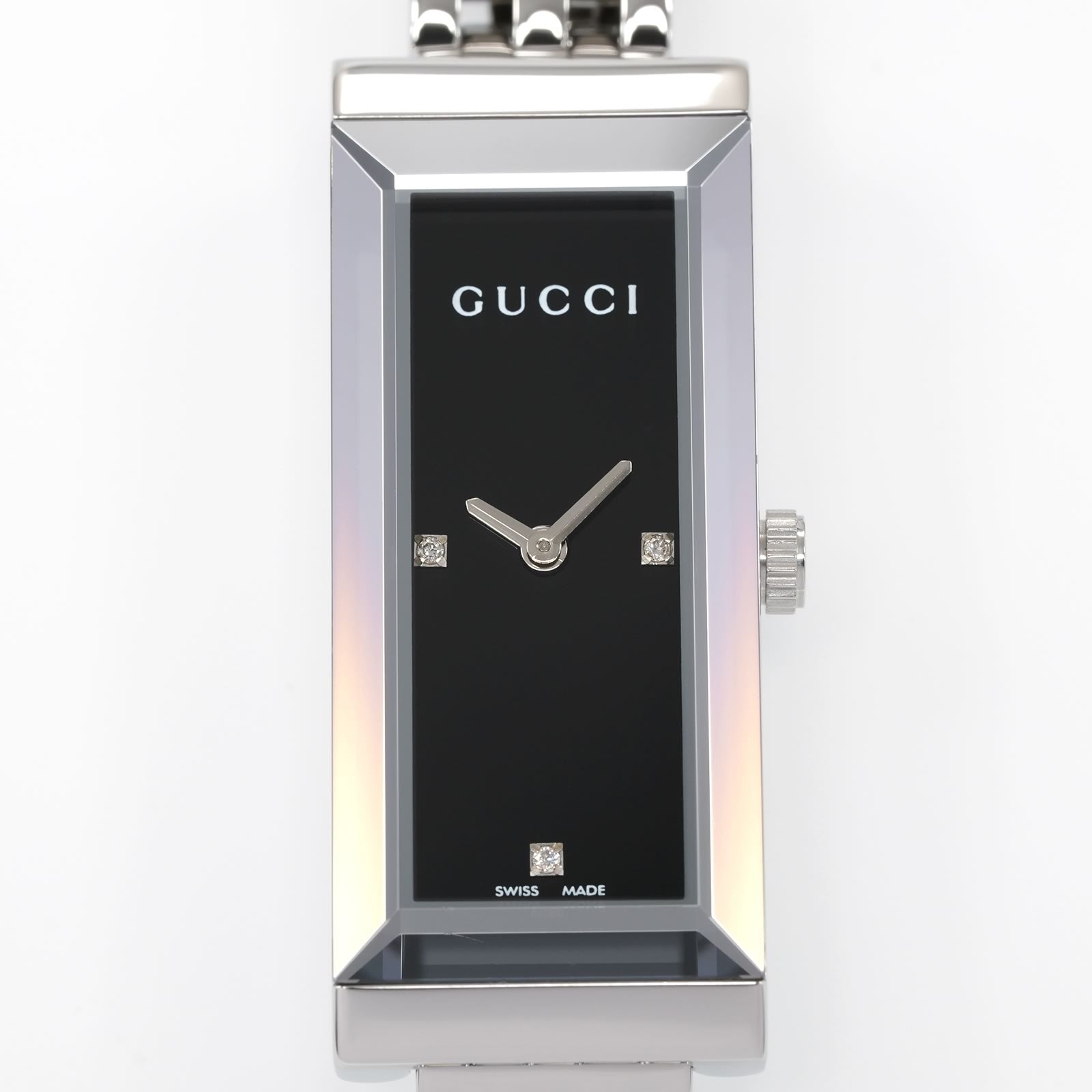Gucci G-Frame 127.5 Black Rectangular with 3 Diamonds dial close up