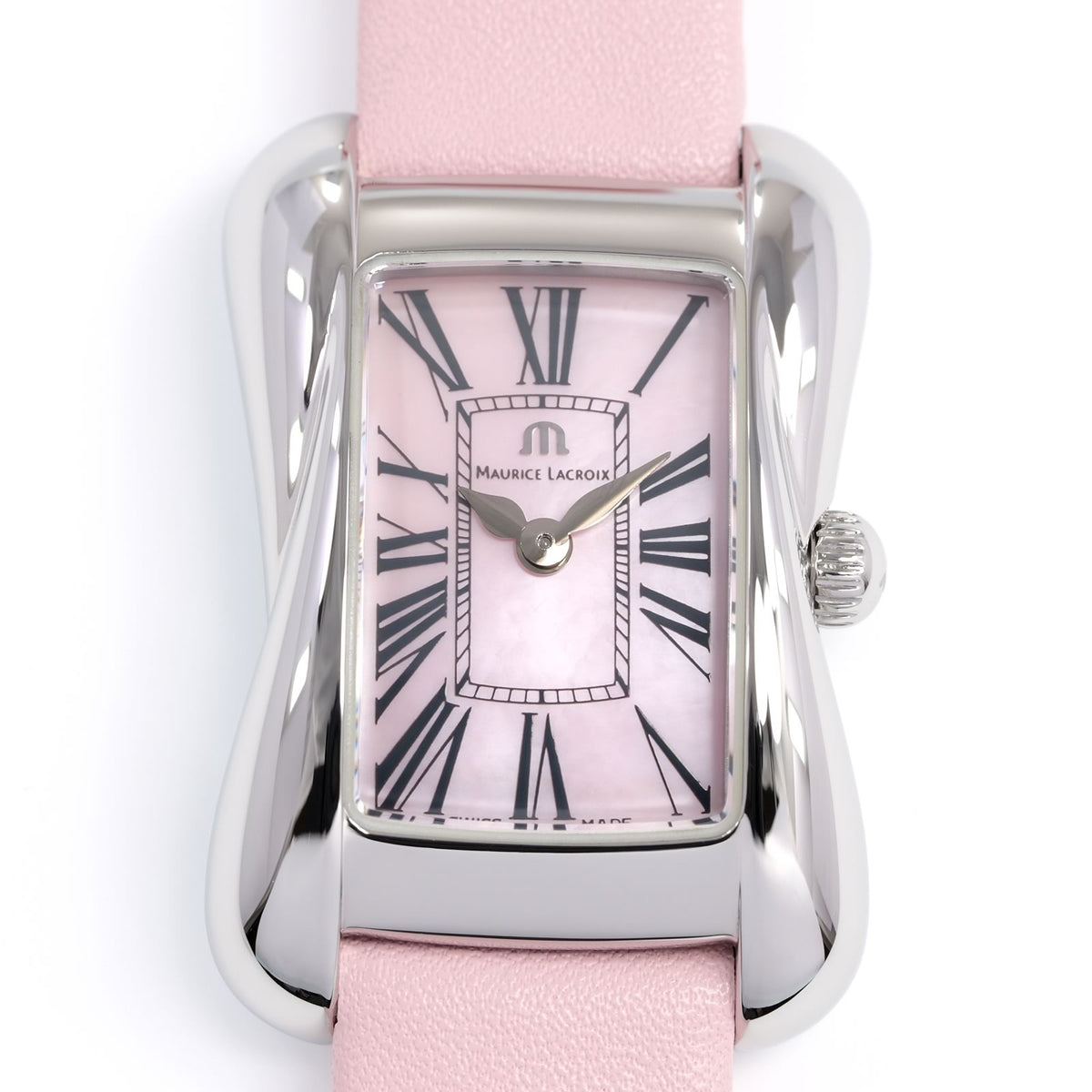 Maurice Lacroix Divina DV5011 Iridescent Pink Mother of Pearl rectangular dial with Roman Numerals close up