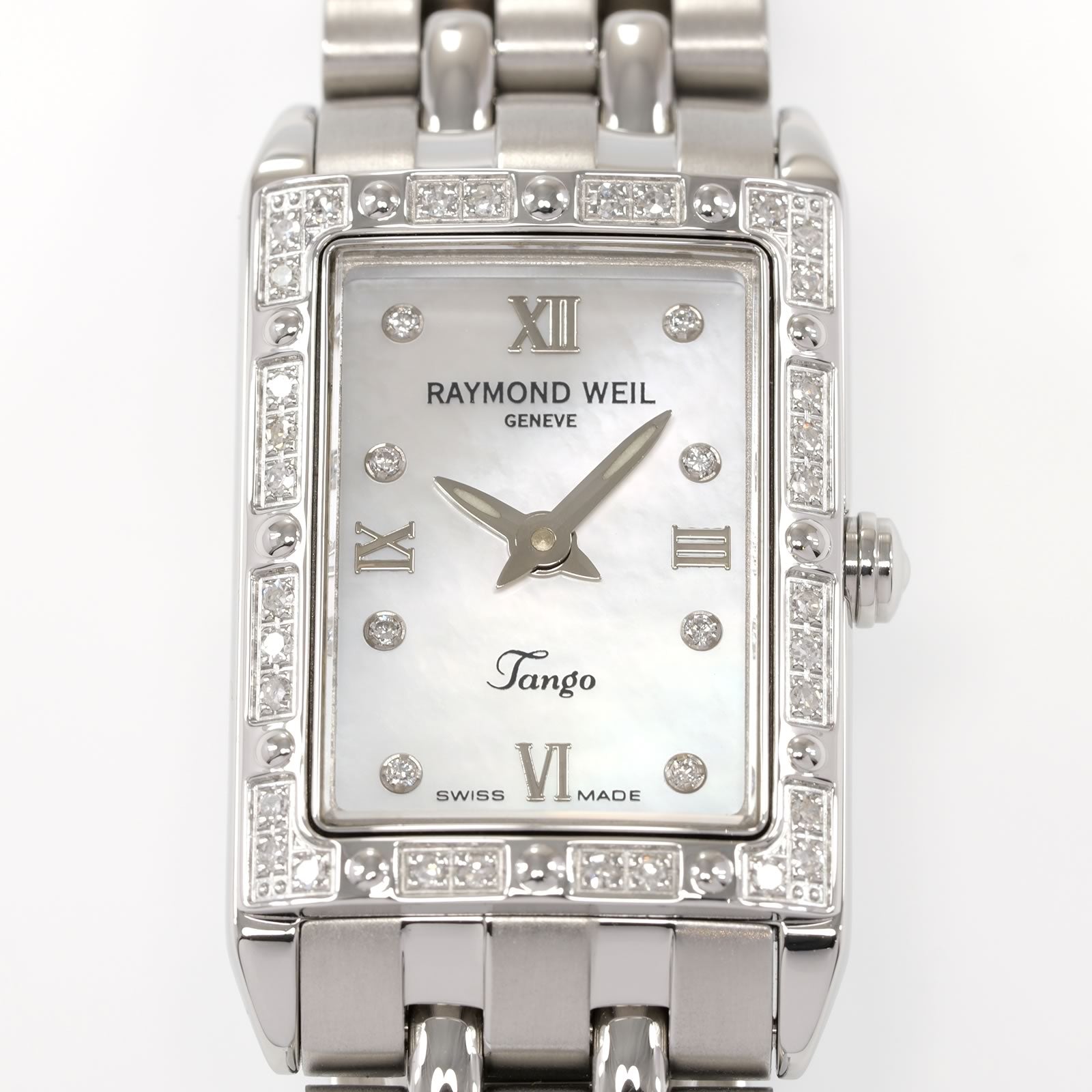 Raymond Weil Tango 5971 White Mother of Pearl, Roman Numeral & Diamonds dial close up