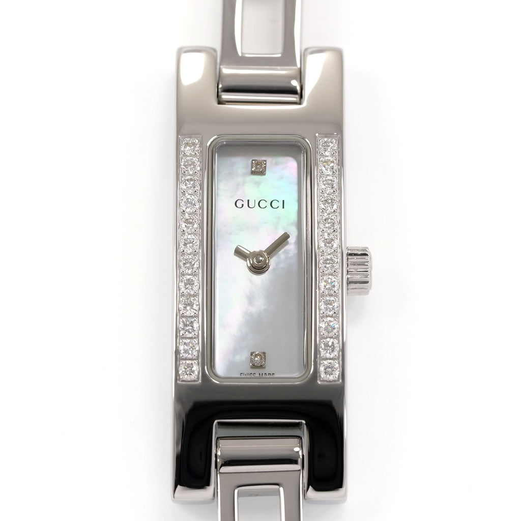 Gucci 3900L White Iridescent Mother of Pearl Dial with Diamonds close up
