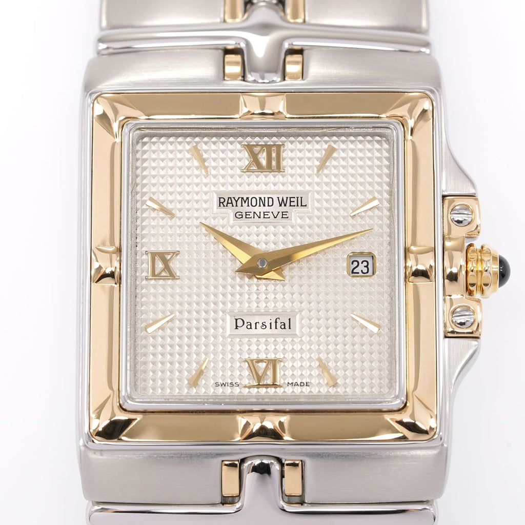 Raymond Weil Parsifal 9390 Silver square tapisserie quarter Roman dial close up