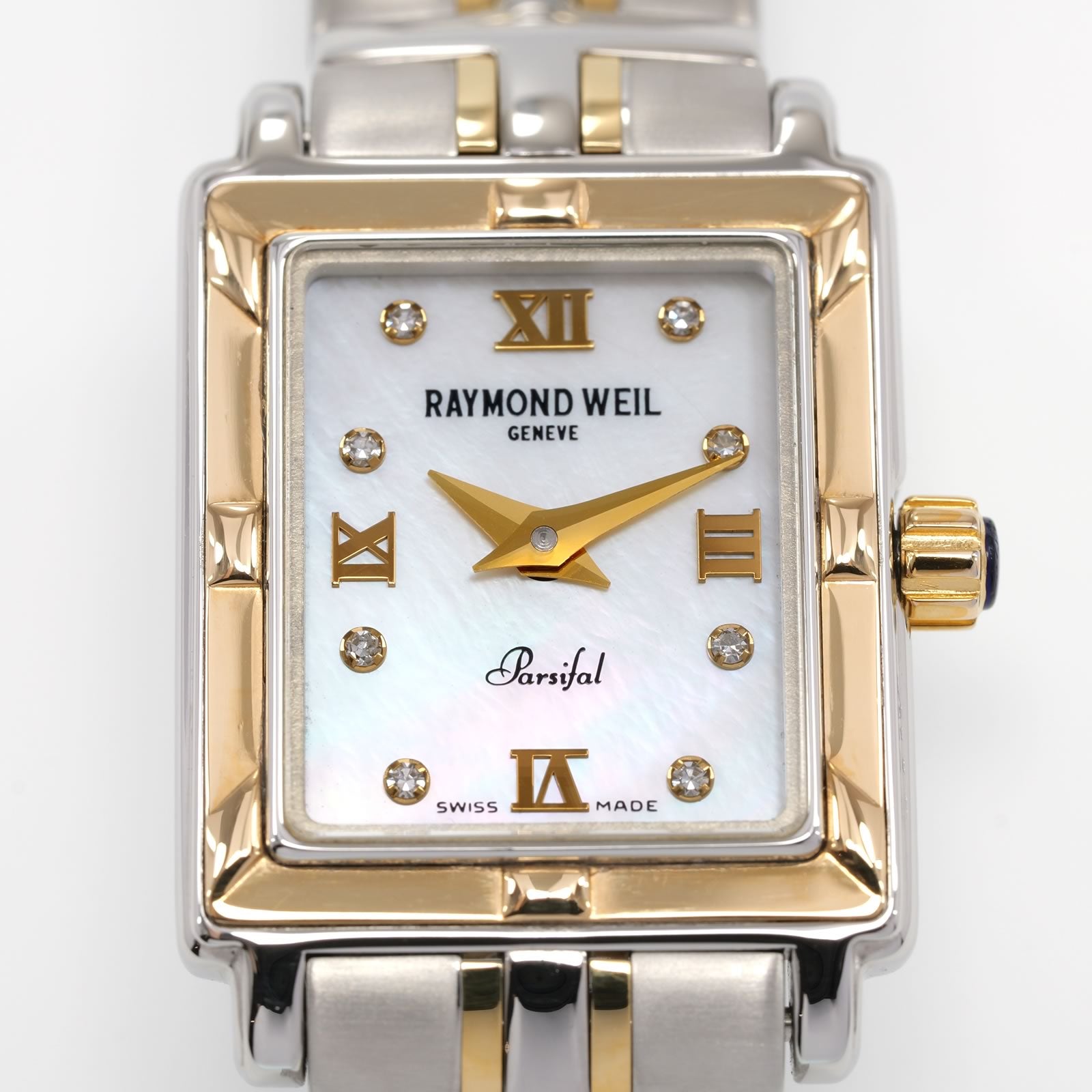 Raymond Weil Parsifal 9630 White Mother of Pearl Rectangular Dial with diamonds close up