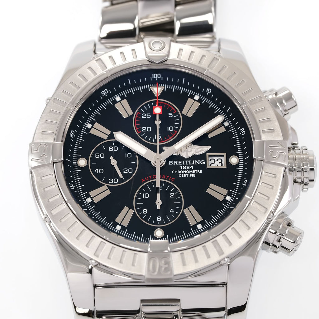 Breitling Super Avenger A13370 Black dial close up