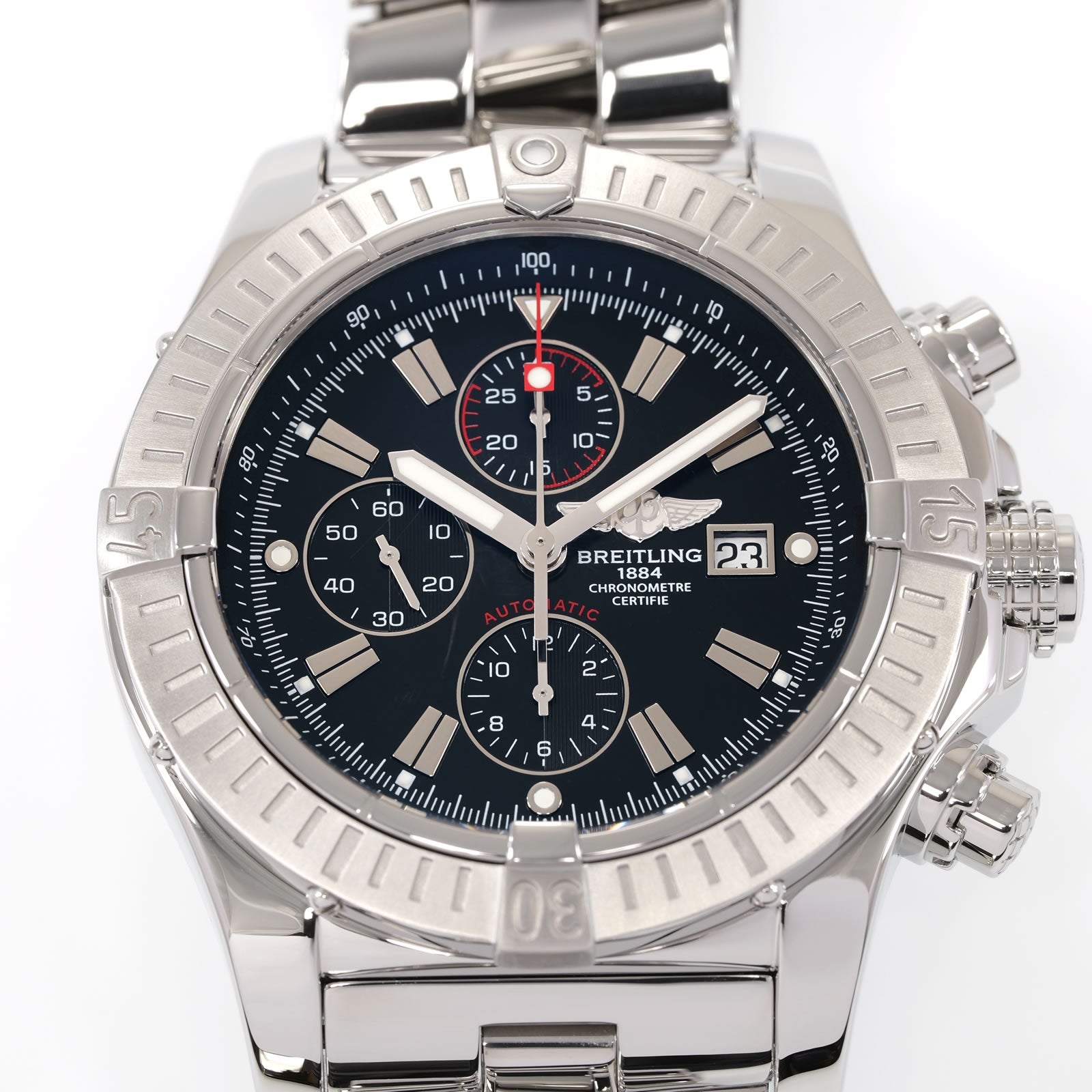 Breitling Super Avenger A13370 Black dial close up