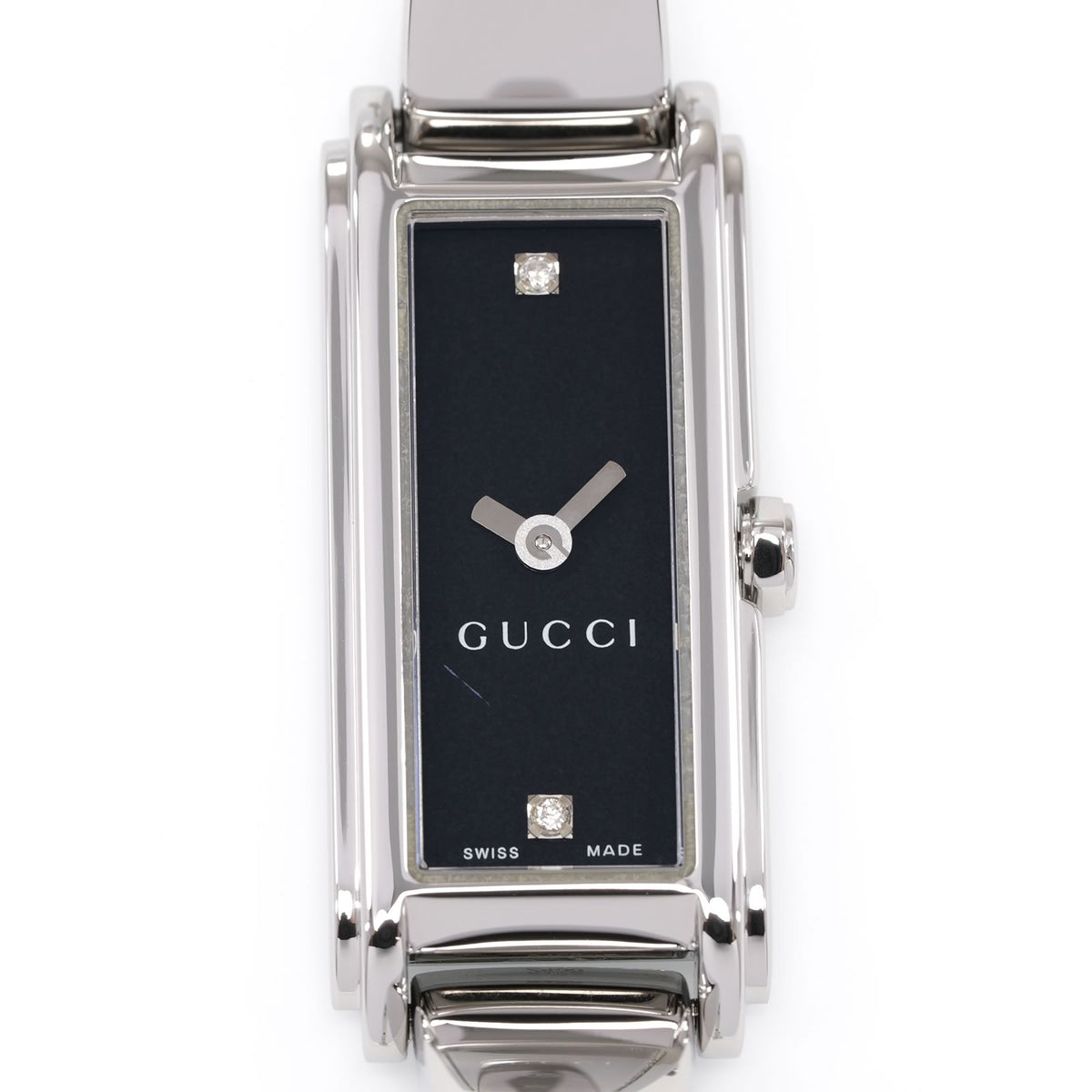 Gucci G-Line 109 Black dial close up with 2 Diamonds rectangular