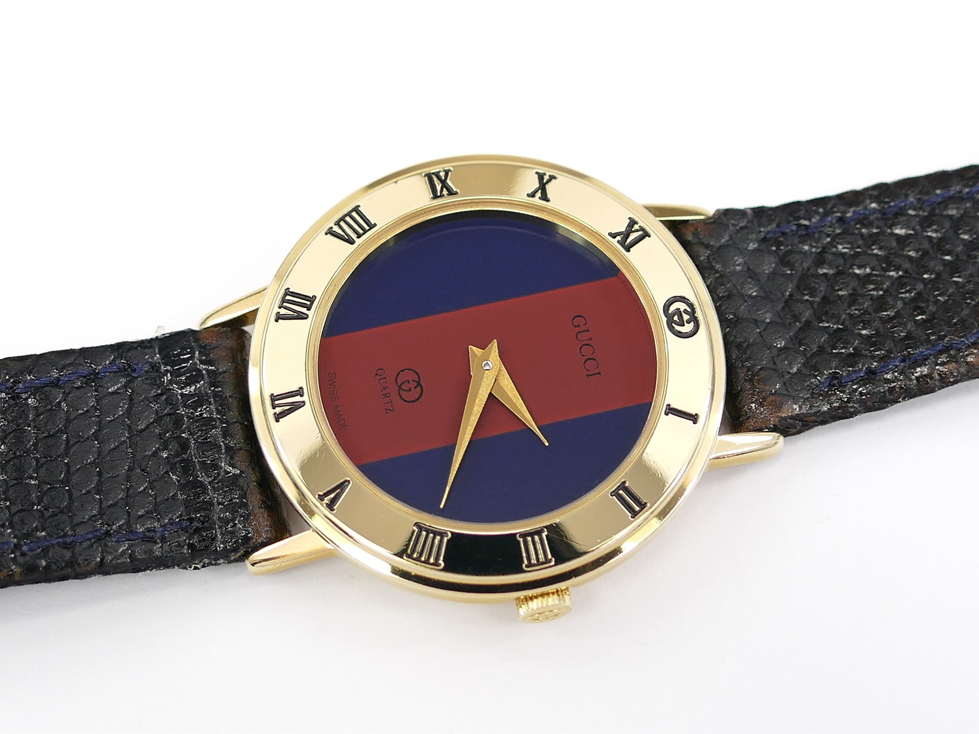 Gucci 3000L Red / Blue Dial 18k Gold Plated Roman Numeral Bezel