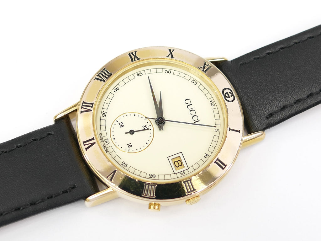 Gucci 3800M Cream Dial 18k Gold Plated Roman Numeral Bezel with Date