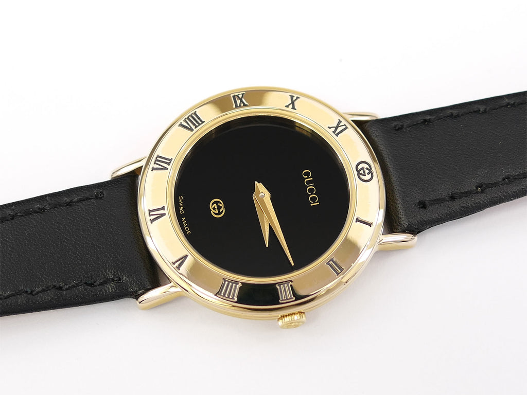 Gucci 3000L Black Dial 18k Gold Plated Roman Numeral Bezel