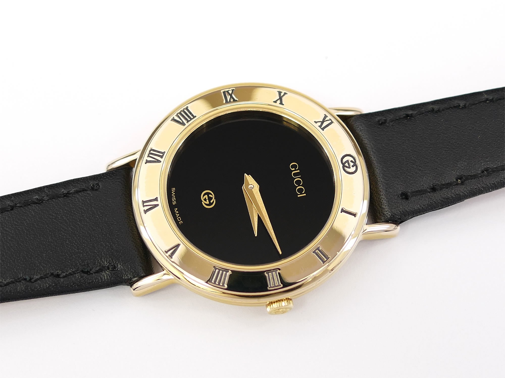 Gucci 3000L Black Dial 18k Gold Plated Roman Numeral Bezel