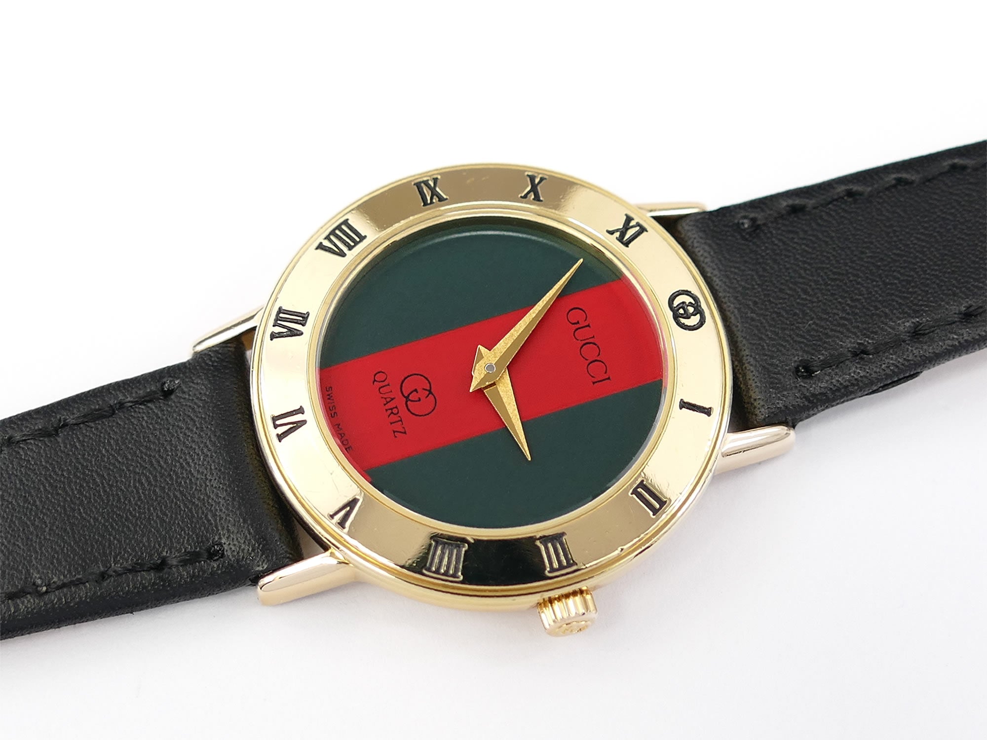 Gucci 3000L Red / Green Dial 18k Gold Plated Roman Numeral Bezel
