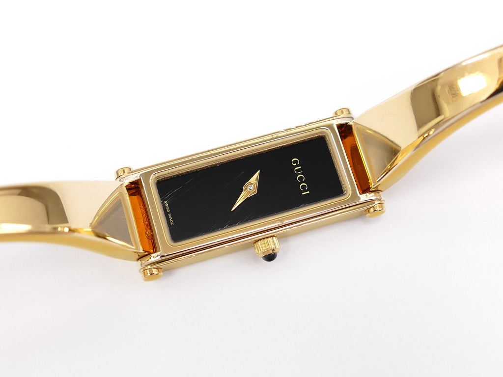 Gucci 1500L Black Dial on 18k Gold Plated Bangle