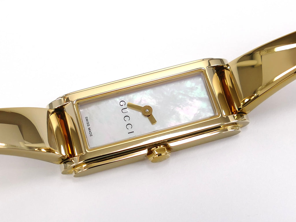 Gucci G-Line Iridescent Rectangular Mother of Pearl Dial 18k Gold Plated YA109525