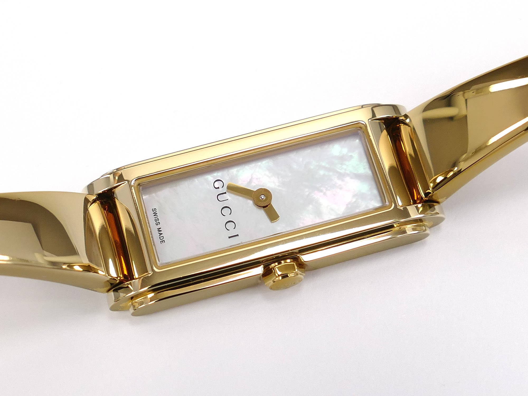 Gucci G-Line Iridescent Rectangular Mother of Pearl Dial 18k Gold Plated YA109525
