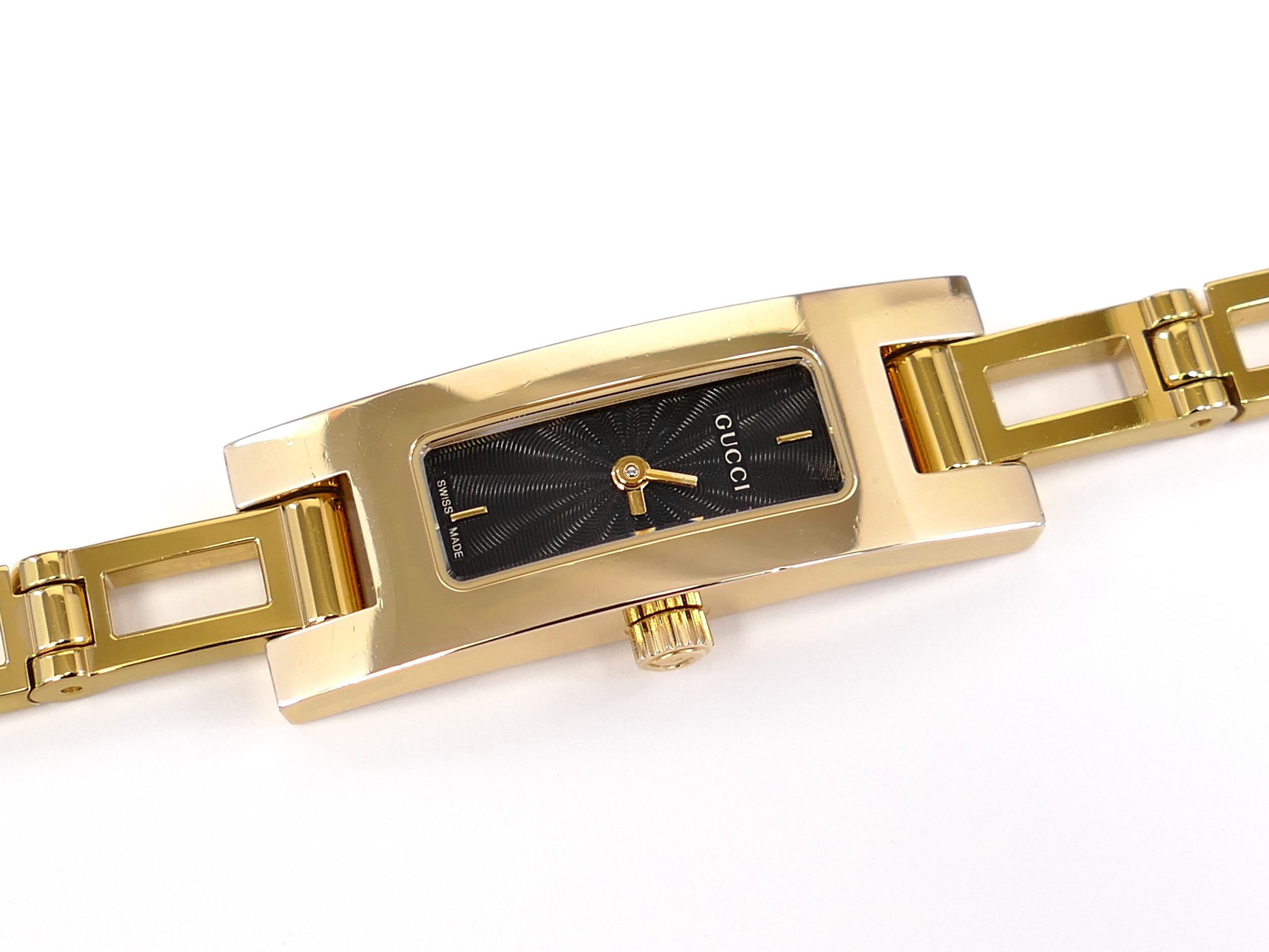 Gucci 3900L Black Guilloche Dial Gold Bracelet Watch Rectangular