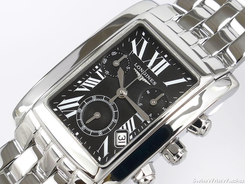 Longines DolceVita Black Chronograph L5.656.4.79.6 close up dial with Roman Numerals