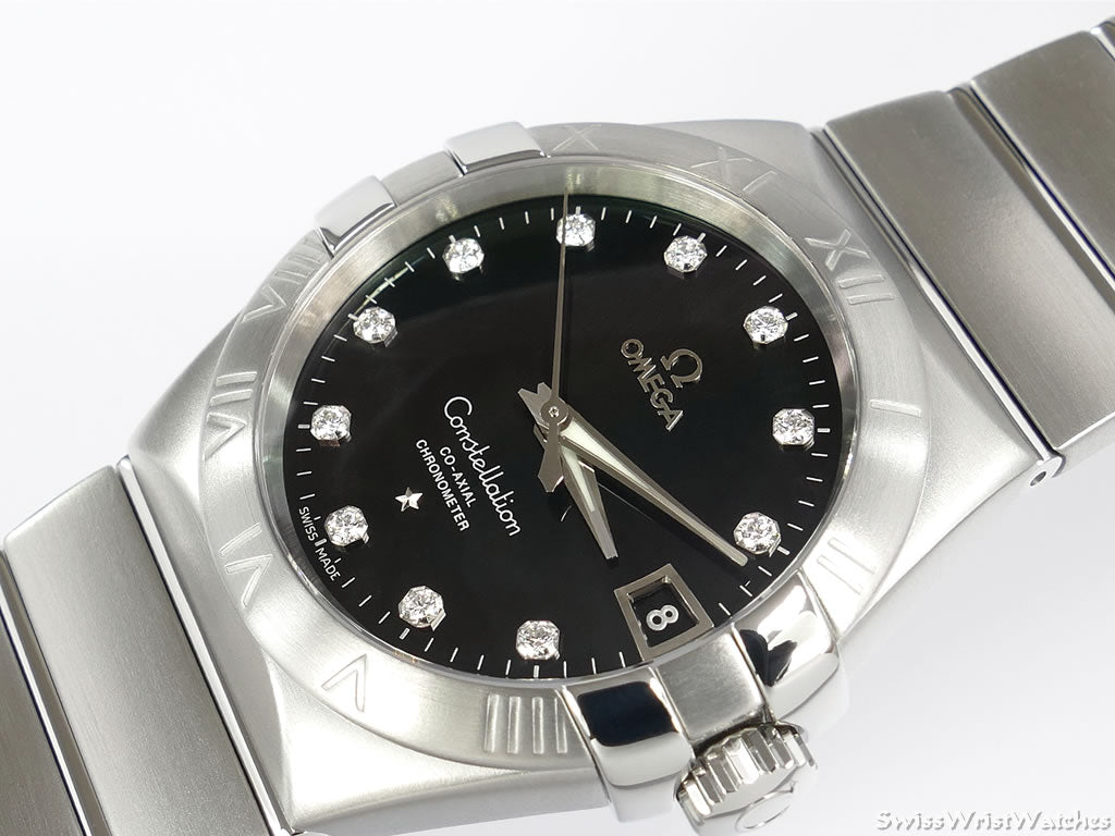 Omega Constellation 8500 Black 123.10.38.21.51.001 dial close up with diamonds