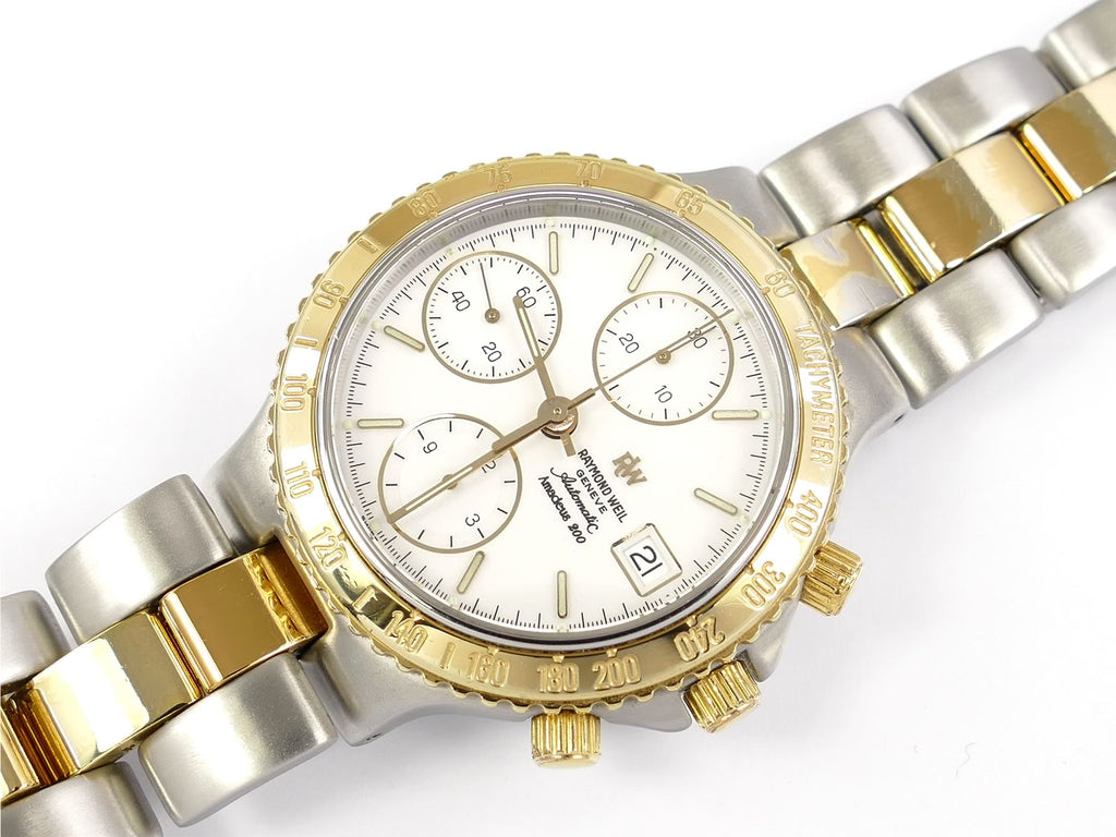 Raymond Weil Amadeus 200 White Dial 18k Gold Plated 7703 tachymeter bezel and date