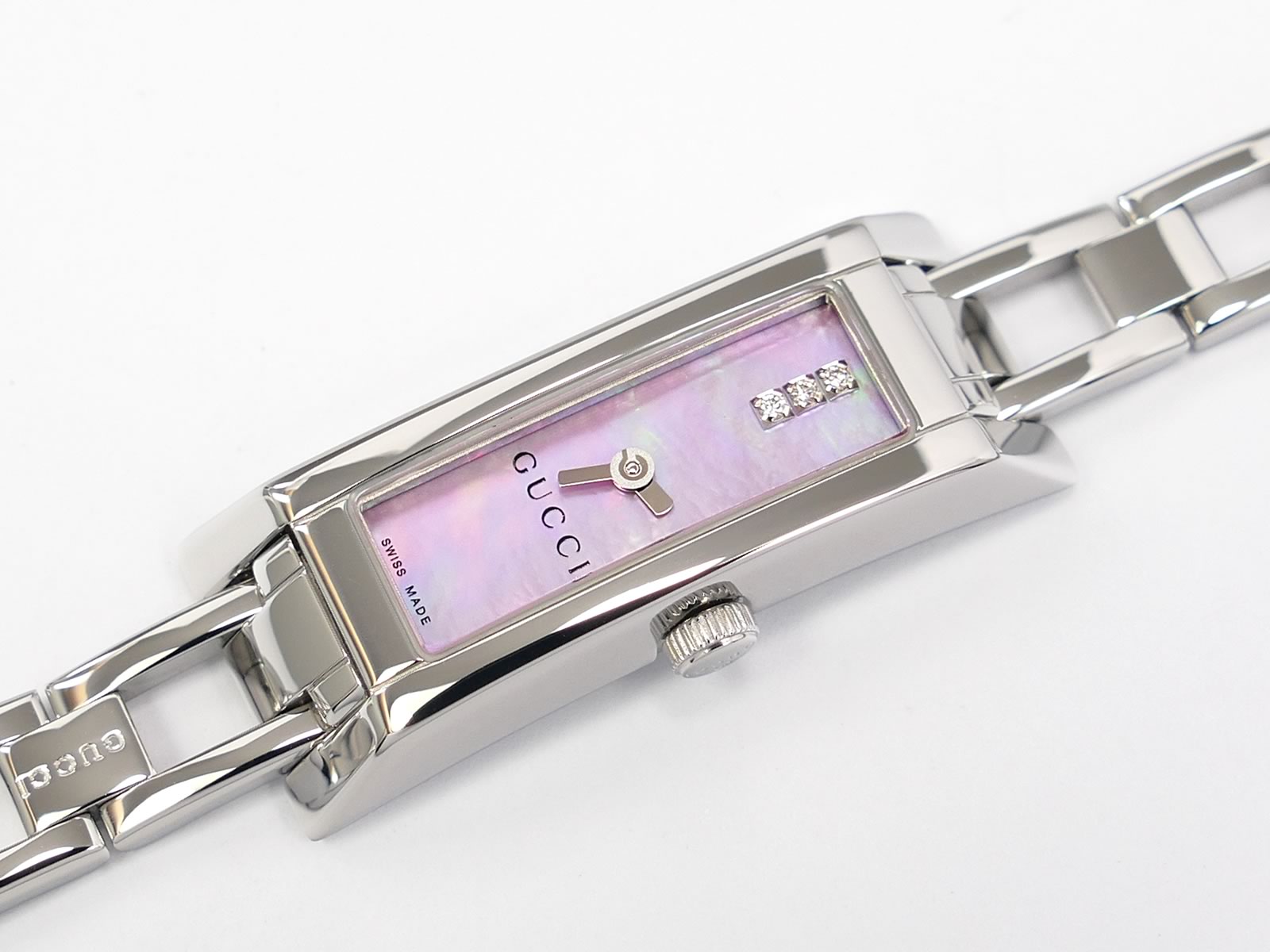 GUCCI 花柄エングレービング 二面鏡 Gucci G-Link 110 Pink Mother of Pearl Diamond Dial YA110515