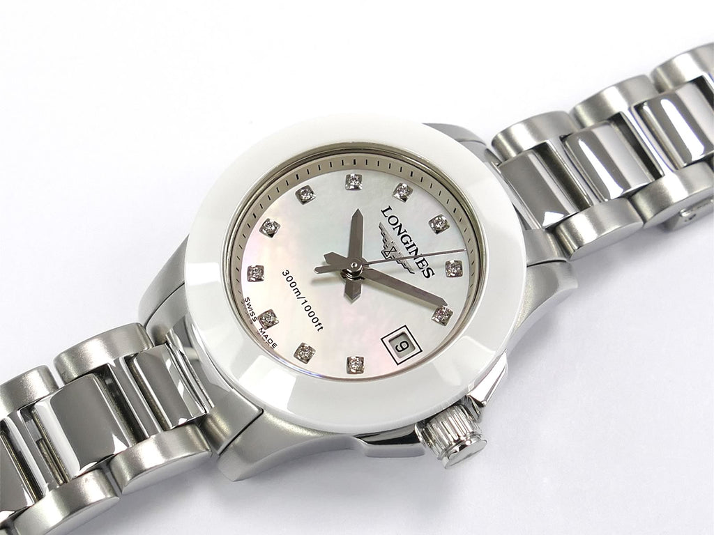 Longines Conquest White Mother of Pearl Diamond Dial L3.157.4 Ceramic Bezel
