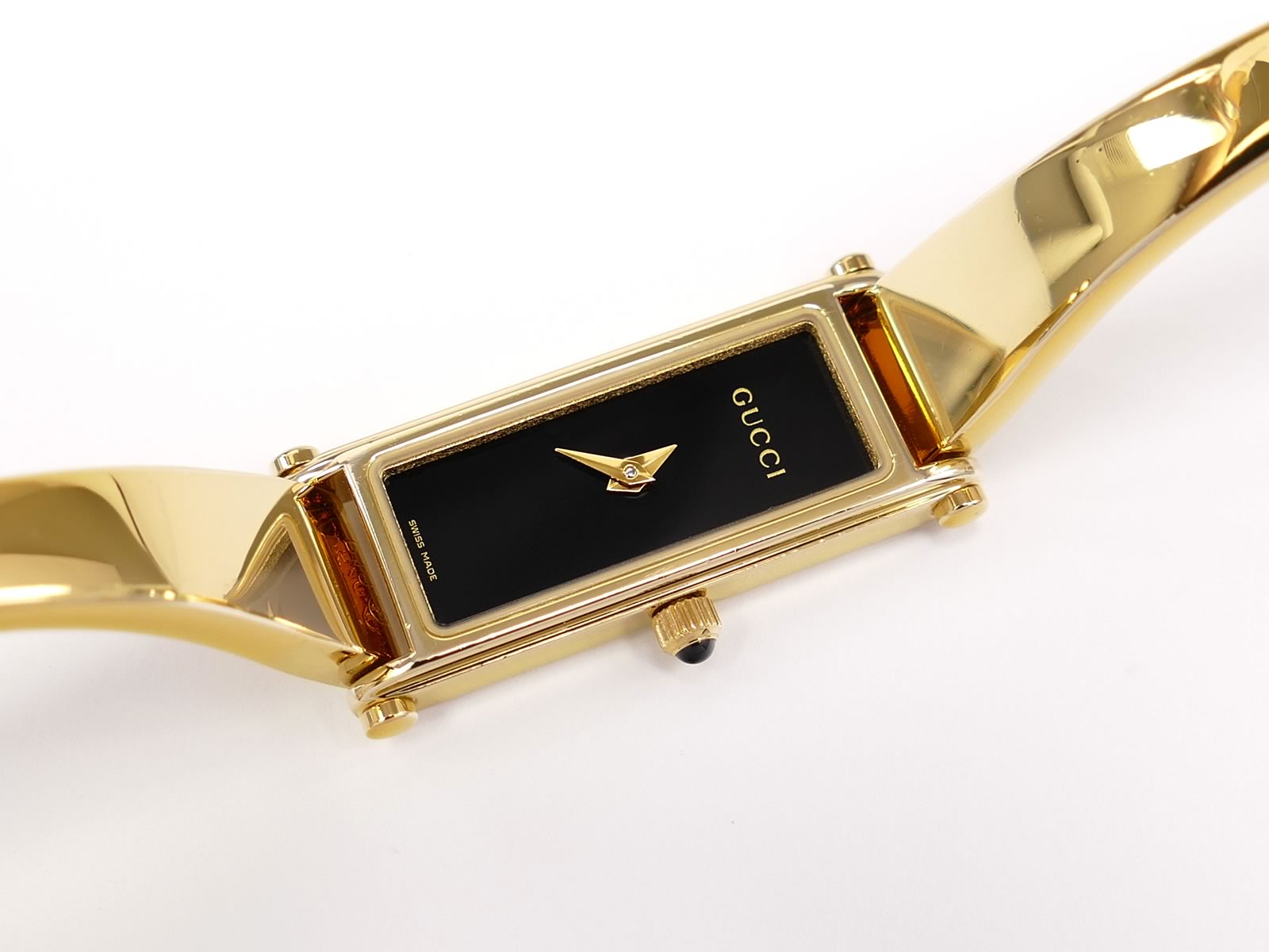 Gucci 1500L Black Dial on 18k Gold Plated Bangle 1500 Quartz Rectangular Watch