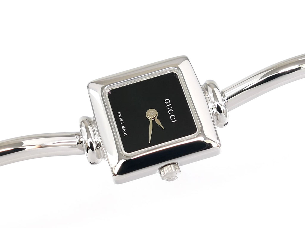 Gucci Black Dial Square Quartz Watch on Stainless Steel Bangle 1900