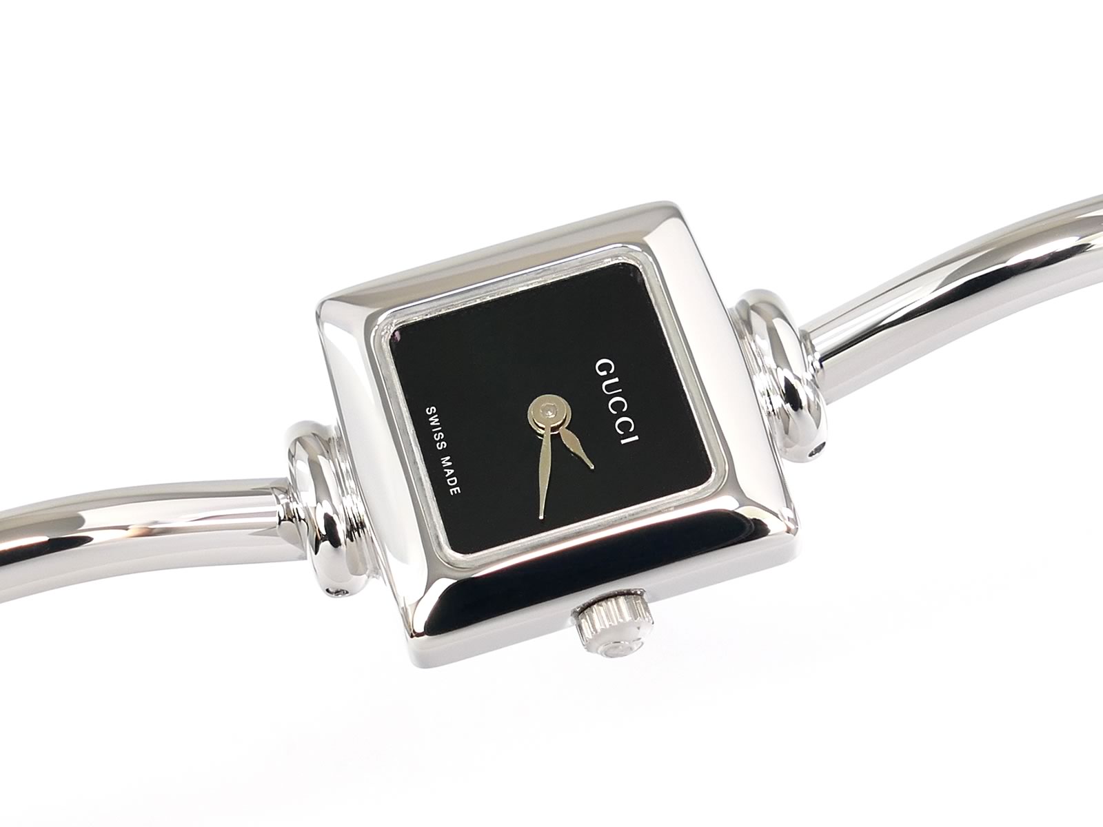Gucci Black Dial Square Quartz Watch on Stainless Steel Bangle 1900